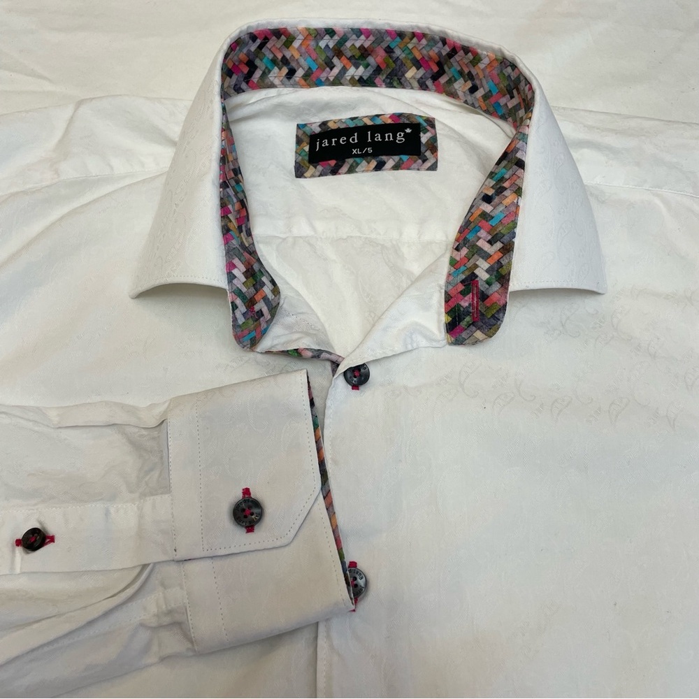 Jared Lang Mens White Button Down Shirt Colourful Trim Collar Long Sleeve XL